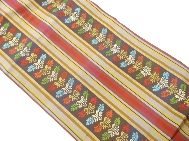 JAPANESE NAGOYA OBI / WOVEN STRIPE & ABSTRACT LEAVES
